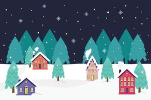 Houses At Village With Warm Light Surrounded By Snow And Pine Trees In Christmas Season vector