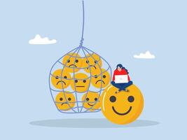 Work happiness or job satisfaction,Businesswoman dealing with emotionshappy working with computer on smiling face. illustrator. vector