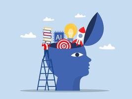 Businessman holding books with putting light bulb ideas, rocket booster,ai,target, into human head to upgrade working skill improve job qualification concept,.flat illustration. vector