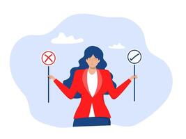 Businesswoman decision right or wrong, true or false, correct and incorrect, moral choosing option concept, thoughtful.flat design with people. vector