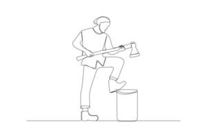 Continuous single-line art drawing of man cutting wood with an axe. Chopping woods outline vector