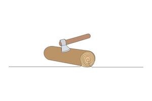 Chopping wood continuous line art drawing. Wood with axe outline vector