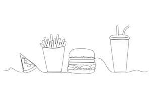 Hand-drawn Fast food one-line art drawing. Fast food concept continuous outline . vector