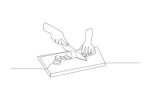 Continuous single-line art drawing of hands cutting cucumber with knife. Cutting vegetables concept outline vector