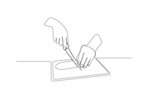 Cutting cucumber with a knife single line art drawing. Cutting vegetables concept outline . vector