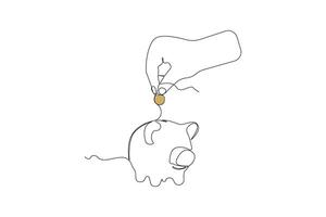 Hand putting coin into a piggy bank continuous line art illustration. Saving money concept background. vector