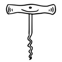 black and white line drawing of T-shaped handle corkscrew, depicted in a simple and cartoon-like style. vector