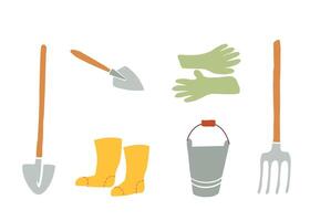gardening tools such as a shovel, fork, bucket, gloves, boots, and trowel. These tools are stylized in a simple, colorful design, ideal for gardening, farming, or harvest-themed use. vector
