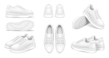 Comfortable sneakers design template realistic illustration set. Running shoes various perspectives 3d models on white background vector