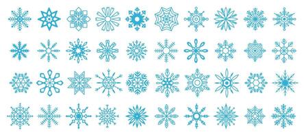 Snowflake intricate designs blue linear icons collection. Beauty and wonder of winter weather perfect for Christmas holiday objects set vector