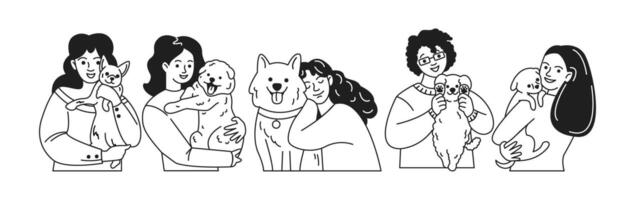 Happy women hugging beloved dogs linear icons collection. Female pet owners with domestic animals characters set on white background vector