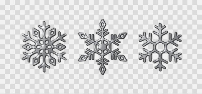 Silver metallic snowflakes shining patterns realistic color icons set. Winter holidays Christmas and New Year Eve 3d objects