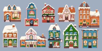 Neat buildings with snowy roofs on Christmas flat color objects set. New year festive houses illustrations bundle on grey background vector