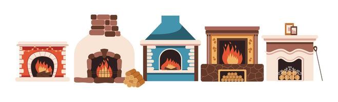 Cozy fireplaces with burning flame flat color objects set. Vintage stoves of different design for houses illustrations bundle on white vector