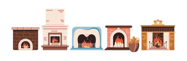 Fireplaces with burning flame and woods flat color objects set. Vintage stoves providing warmth at home illustrations bundle on white vector