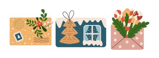 Cute Christmas envelopes with ornaments flat color objects set. Festive greeting items for holiday congratulations illustrations bundle on white vector