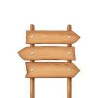 Blank wooden arrow signs pointing in different directions realistic illustration. Post offering space for messages 3d object on white vector