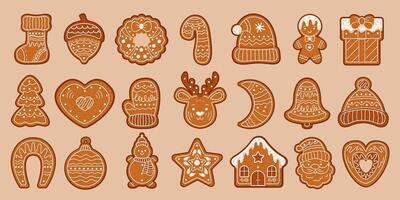 Christmas gingerbreads for celebration flat color objects set. Homemade pastry for holiday illustrations bundle on beige background vector