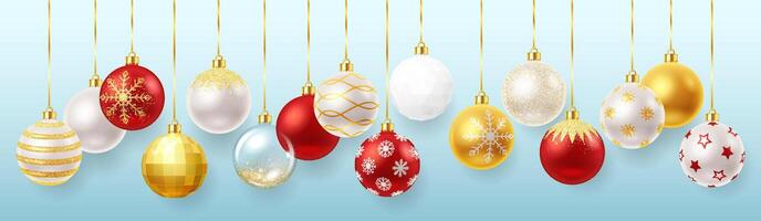 Sparkling Christmas tree baubles realistic composition. Traditional new year ornament decoration 3d objects on blue background vector