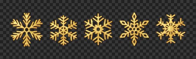 Golden foil snowflakes sparkling realistic color icons set. Elegant Christmas and winter holiday design element 3d objects bundle on black background vector