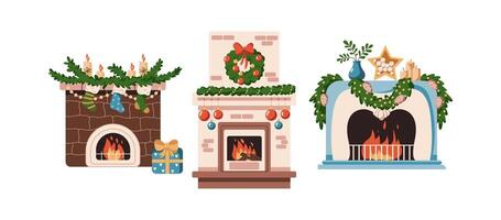 Burning fireplaces with Christmas ornaments flat color objects set. Happy winter holidays atmosphere at home illustrations bundle on white background vector