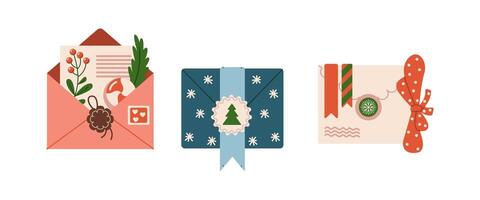 Festive Christmas envelopes with letter candy and bow flat color objects set. Spirit of new year illustrations bundle on white background vector