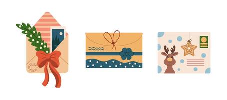 Festive Christmas envelopes with decorative elements flat color objects set. Holiday greeting items illustrations bundle on white vector