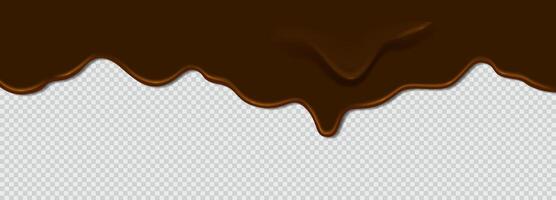 Drops of chocolate glaze drip down from the top. Chocolate icing pours on background.Realistic 3D thick and rich chocolate icing for decoration or advertising banner. Copy space for text vector