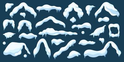 Snow caps and icicles dripping with melting flat color objects set. Winter wonderland scene illustrations bundle on blue background vector