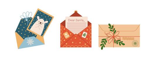 Festive Christmas envelopes with cards and letters flat color objects set. Holiday greeting cards illustrations bundle on white vector