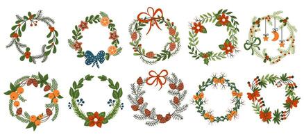 Christmas wreaths with decorations flat color objects set. Winter holiday season ornaments illustrations bundle on white background vector