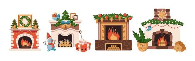 Fireplaces with Christmas decorations flat color objects set. Holiday atmosphere at home illustrations bundle on white background vector
