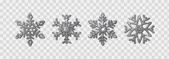 Glossy silver snowflakes detailed shapes realistic color icons set. Beautiful Christmas decoration 3d objects vector