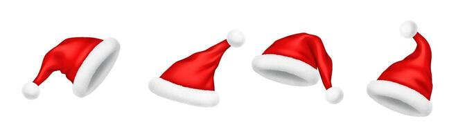Christmas hats in various perspectives realistic illustration set. New year holiday party accessories 3d models on white background vector