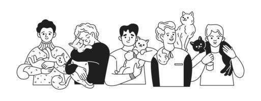 Group of happy men with adorable black and white cats linear icons collection. Guys reflecting tenderness for feline companions characters set on white vector
