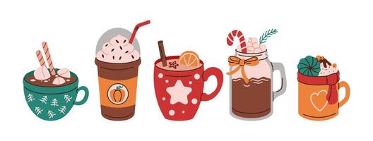 Hot drinks for New Year holidays flat color objects set. Seasonal beverages for Christmas illustrations bundle on white background vector
