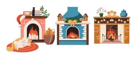Burning fireplaces with Christmas decorations flat color objects set. Cute cat on rug enjoys home warmth illustrations bundle on white vector