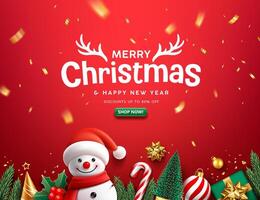 Merry christmas and Happy new year sale ornaments, greeting card banner design on red background vector