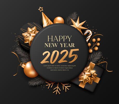 Happy new year 2025 ornaments gold and black, greeting card poster flyer design on black background