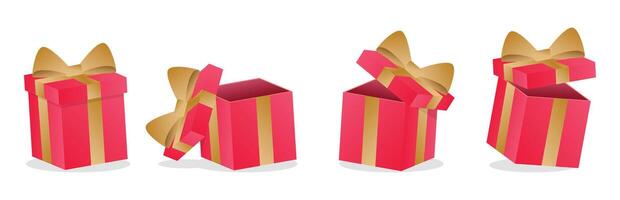Collection of red gift box design, opened closed gift box set vector