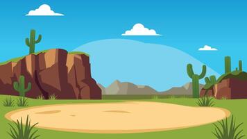 Beautiful American Desert Landscape with Rocky Cliff Mountain and Cactus in Bright Sky vector