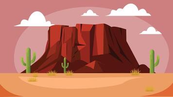 American Desert Landscape with Rocky Cliff Mountain and Cactus in Red Sky vector