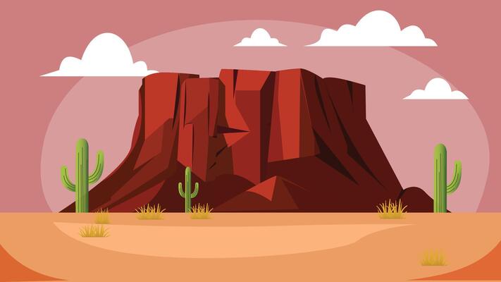 American Desert Landscape with Rocky Cliff Mountain and Cactus in Red Sky