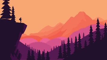 Hiker Silhouette on the Summit of Cliff with Mountain Landscape and Pine Tree in the Forest at Sunset vector