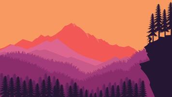 Hiker Silhouette on the Top of Cliff with Mountain Landscape and Fir Tree in the Forest at Sunset vector