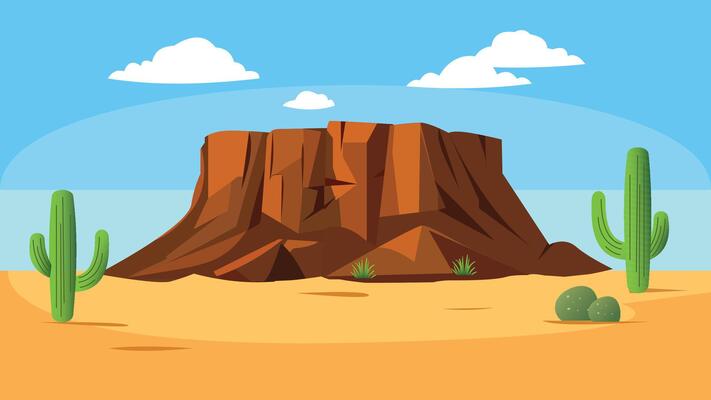 American Desert Landscape with Rocky Cliff Mountain and Cactus in Bright Day
