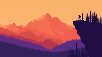Hiker Silhouette on the Top of Cliff with Mountain Landscape and Pine Tree in the Forest at Sunrise vector