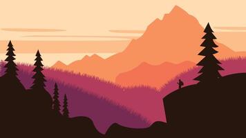 Hiker Silhouette on the Top of Cliff with Mountain Landscape and Pine Tree in the Forest at Sunset vector