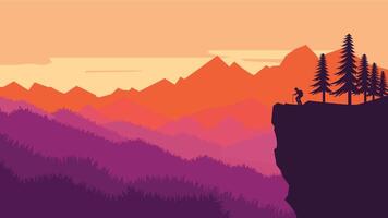 Hiker Silhouette on the Summiot of Cliff with Mountain Landscape and Pine Tree in the Forest at Sunrise vector