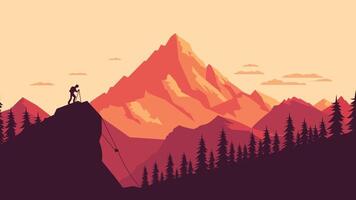 Hiker on the Top of Cliff with Mountain Landscape and Pine Tree in the Forest at Sunset vector